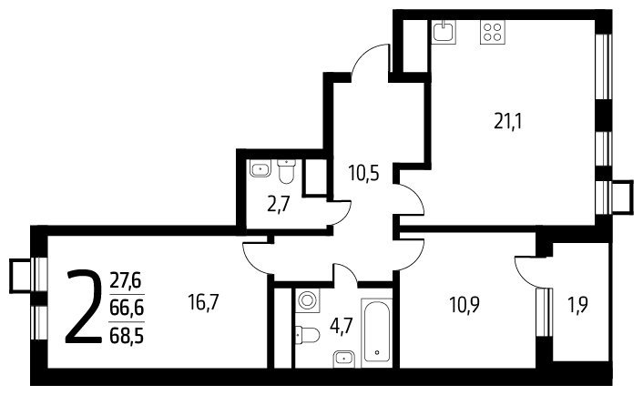 2-комнатная квартира с полной отделкой, 68.5 м2, 5 этаж, дом сдан, ЖК Новые Ватутинки. Центральный, корпус 9/1/1.1 - объявление 1674987 - фото №1