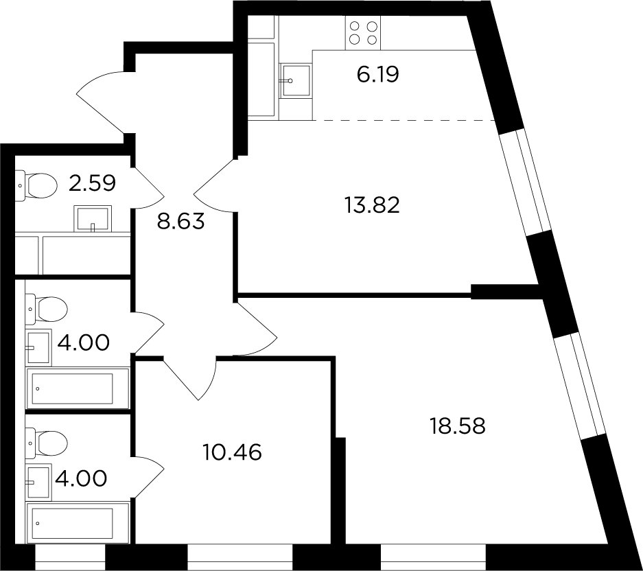 3-комнатная квартира без отделки, 68.27 м2, 25 этаж, дом сдан, ЖК КутузовGRAD 2, корпус 5 - объявление 2007642 - фото №1