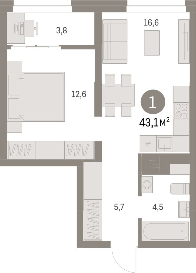 1-комнатная квартира с частичной отделкой, 43.14 м2, 10 этаж, сдача 1 квартал 2025 г., ЖК Первый квартал, корпус Дом 5 - объявление 2281537 - фото №1
