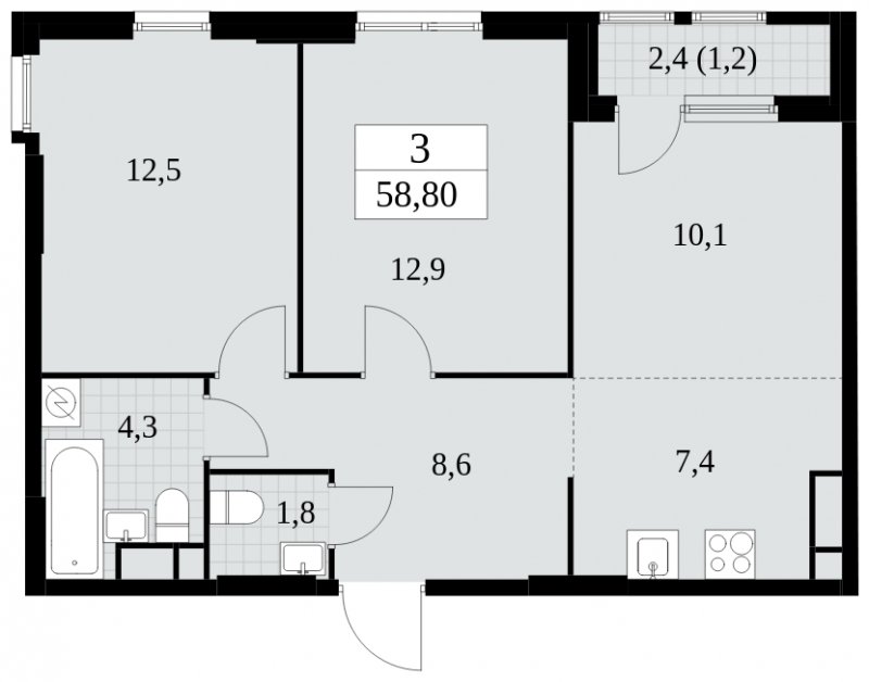 3-комнатная квартира (евро) с частичной отделкой, 58.8 м2, 10 этаж, сдача 2 квартал 2025 г., ЖК Южные сады, корпус 2.2 - объявление 1757527 - фото №1