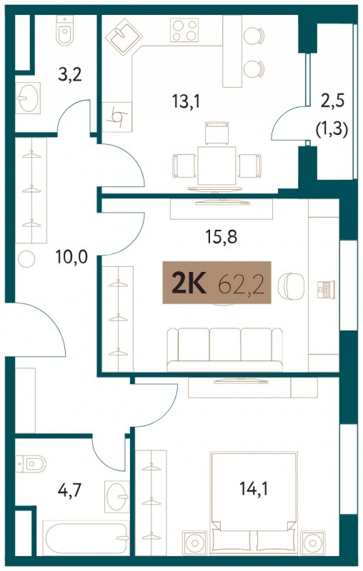 2-комнатная квартира 62.2 м2, 8 этаж, сдача 4 квартал 2022 г., ЖК Настоящее, корпус 1 - объявление 1711386 - фото №1