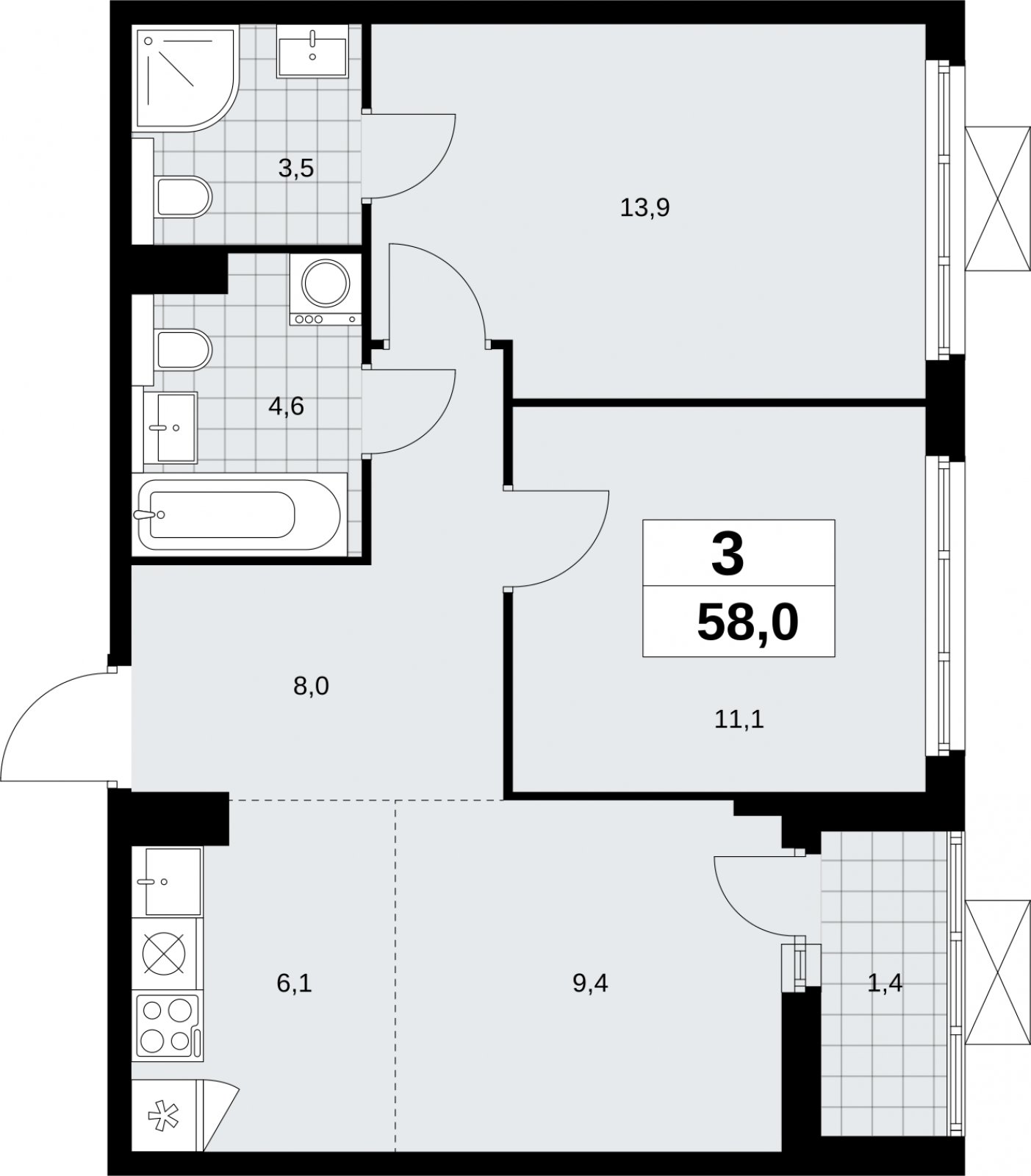 3-комнатная квартира (евро) без отделки, 58 м2, 16 этаж, сдача 2 квартал 2026 г., ЖК Бунинские кварталы, корпус 9.2 - объявление 2324277 - фото №1