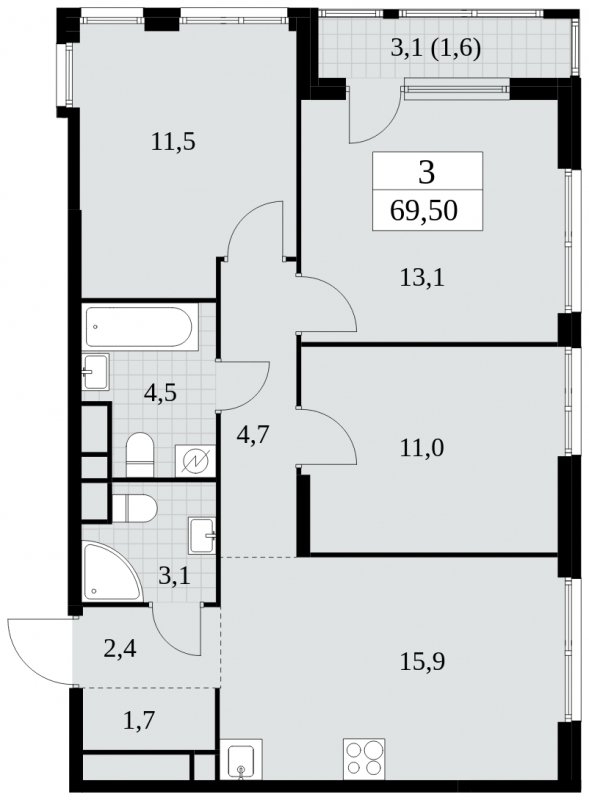 3-комнатная квартира с частичной отделкой, 69.5 м2, 25 этаж, сдача 2 квартал 2025 г., ЖК Южные сады, корпус 2.2 - объявление 1757646 - фото №1