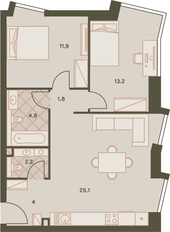 3-комнатная квартира с частичной отделкой, 63.3 м2, 9 этаж, сдача 4 квартал 2023 г., ЖК Eniteo, корпус 1 - объявление 2259007 - фото №1