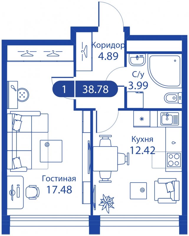 1-комнатная квартира без отделки, 38.78 м2, 31 этаж, сдача 4 квартал 2023 г., ЖК iLove, корпус 3 - объявление 1565111 - фото №1