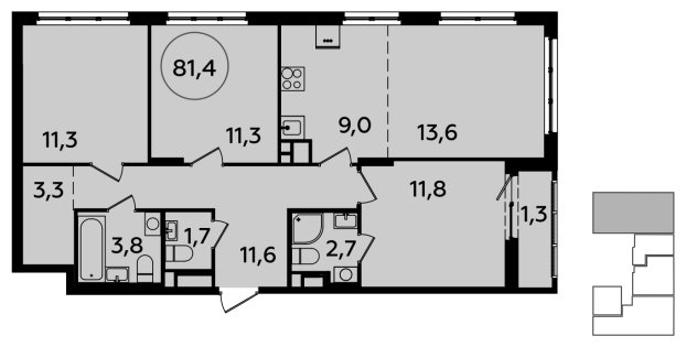 4-комнатная квартира (евро) с полной отделкой, 81.4 м2, 14 этаж, сдача 2 квартал 2024 г., ЖК Испанские кварталы, корпус 8.1 - объявление 1633434 - фото №1