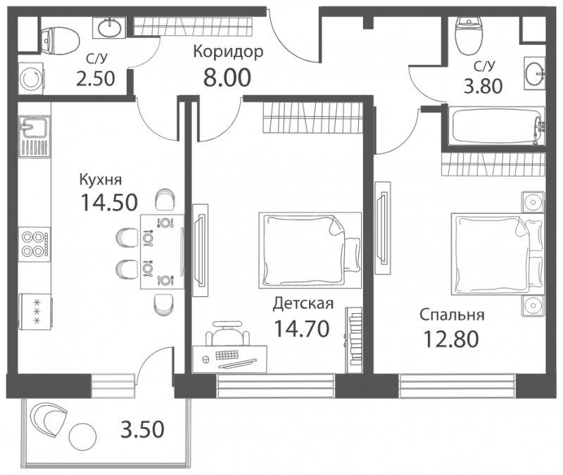 2-комнатная квартира с частичной отделкой, 57.4 м2, 1 этаж, сдача 2 квартал 2022 г., ЖК Аквилон PARK, корпус 1 - объявление 1275766 - фото №1