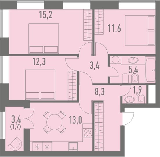 3-комнатная квартира без отделки, 72.1 м2, 12 этаж, сдача 4 квартал 2023 г., ЖК Кварталы 21/19, корпус 23 - объявление 2025261 - фото №1