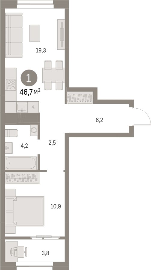 1-комнатная квартира с частичной отделкой, 46.74 м2, 6 этаж, сдача 1 квартал 2025 г., ЖК Первый квартал, корпус Дом 5 - объявление 2281475 - фото №1