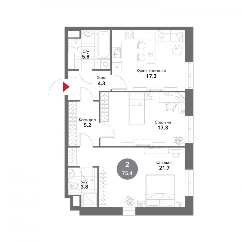 2-комнатные апартаменты без отделки, 75.4 м2, 11 этаж, сдача 3 квартал 2025 г., ЖК VOXHALL, корпус 4 - объявление 1787545 - фото №1