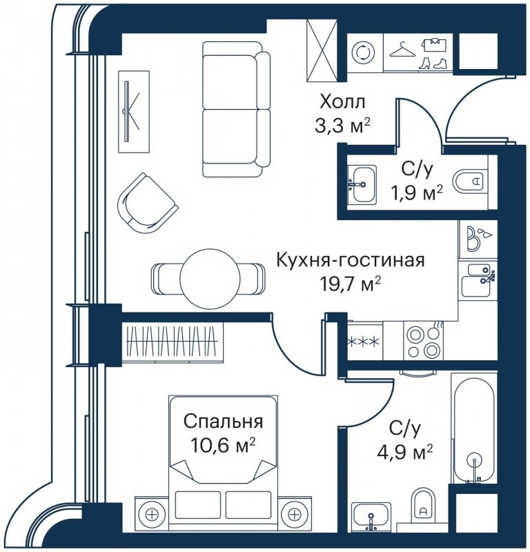 1-комнатная квартира с частичной отделкой, 40.4 м2, 2 этаж, сдача 4 квартал 2023 г., ЖК City Bay, корпус Atlantic Ocean 2 - объявление 1645339 - фото №1