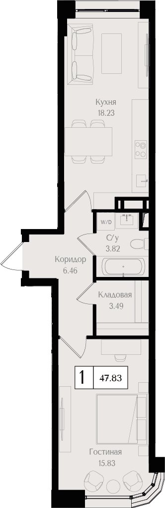 1-комнатная квартира без отделки, 47.8 м2, 13 этаж, дом сдан, ЖК Преображенская площадь, корпус 1 - объявление 2458292 - фото №1