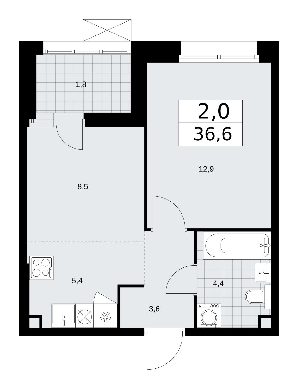2-комнатная квартира (евро) без отделки, 36.6 м2, 2 этаж, сдача 4 квартал 2025 г., ЖК Бунинские кварталы, корпус 6.5 - объявление 2252745 - фото №1