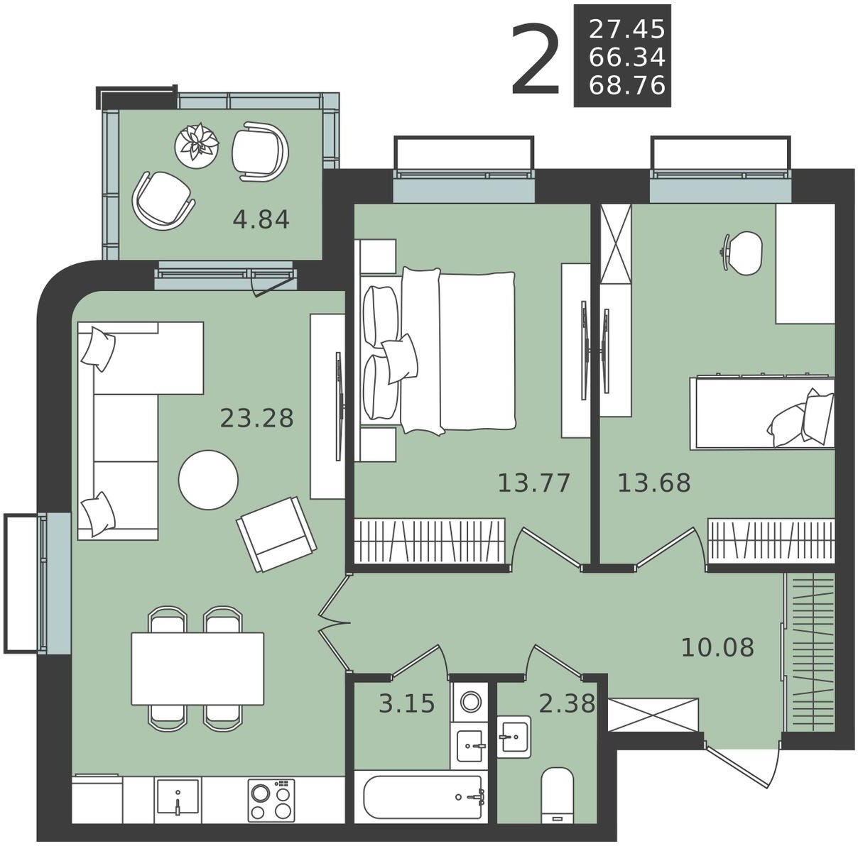 2-комнатная квартира 68.76 м2, 5 этаж, сдача 1 квартал 2024 г., ЖК Мишино-2, корпус 7 - объявление 2149885 - фото №1