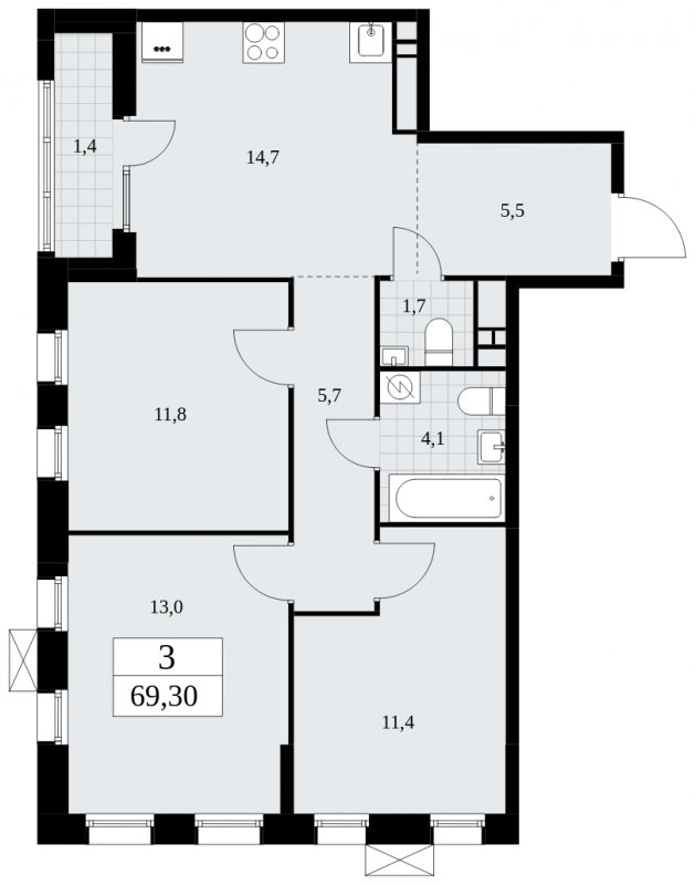3-комнатная квартира с частичной отделкой, 69.3 м2, 17 этаж, сдача 1 квартал 2025 г., ЖК Дзен-кварталы, корпус 1.1 - объявление 1895620 - фото №1