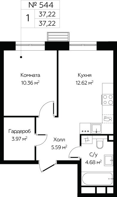 1-комнатные апартаменты без отделки, 37.22 м2, 10 этаж, сдача 4 квартал 2024 г., ЖК Сити комплекс «MirrorЗдание», корпус 1 - объявление 2265670 - фото №1