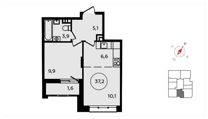2-комнатная квартира (евро) без отделки, 37.2 м2, 3 этаж, сдача 3 квартал 2024 г., ЖК Скандинавия, корпус 22.1 - объявление 1625192 - фото №1