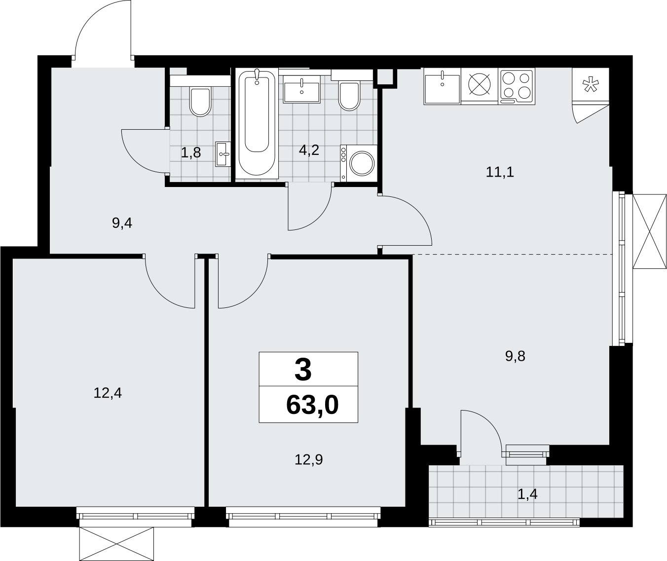 3-комнатная квартира (евро) без отделки, 63 м2, 2 этаж, сдача 2 квартал 2026 г., ЖК Бунинские кварталы, корпус 9.1 - объявление 2324081 - фото №1