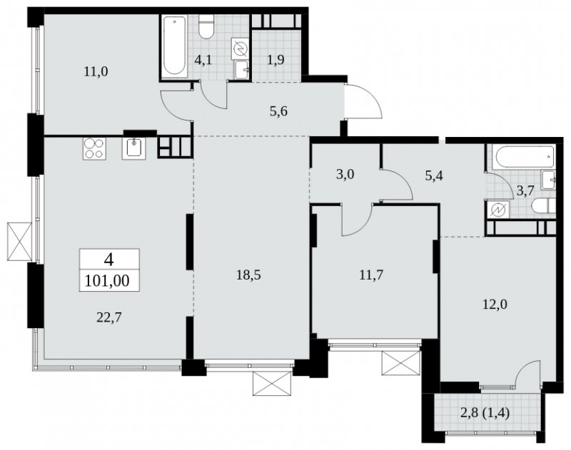 4-комнатная квартира без отделки, 101 м2, 16 этаж, сдача 1 квартал 2025 г., ЖК Скандинавия, корпус 2.27.2 - объявление 1840444 - фото №1
