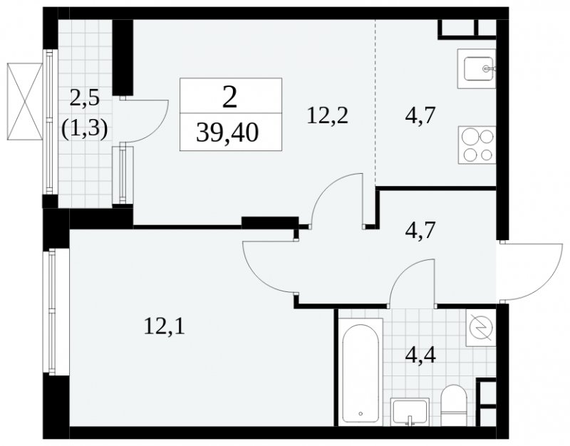 2-комнатная квартира (евро) с частичной отделкой, 39.4 м2, 12 этаж, сдача 2 квартал 2025 г., ЖК Прокшино, корпус 5.1.2 - объявление 1860266 - фото №1