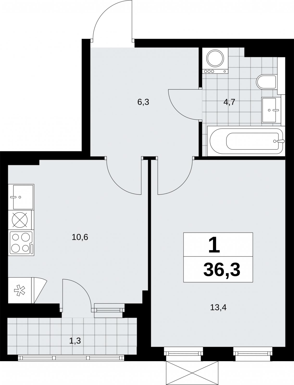 1-комнатная квартира без отделки, 36.3 м2, 5 этаж, сдача 2 квартал 2026 г., ЖК Бунинские кварталы, корпус 9.1 - объявление 2323964 - фото №1