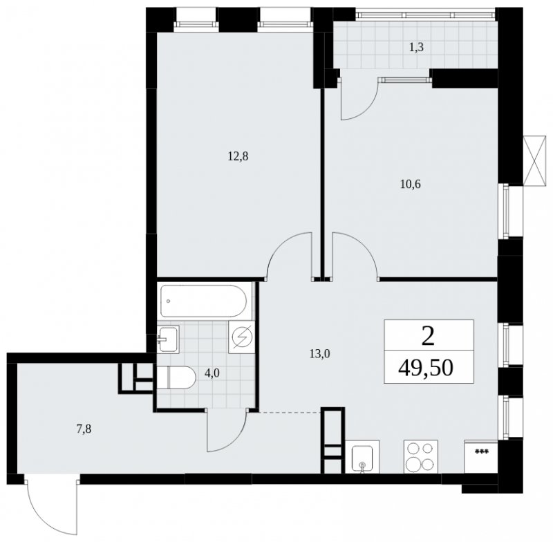 2-комнатная квартира без отделки, 49.5 м2, 8 этаж, сдача 1 квартал 2025 г., ЖК Дзен-кварталы, корпус 1.3 - объявление 1895873 - фото №1