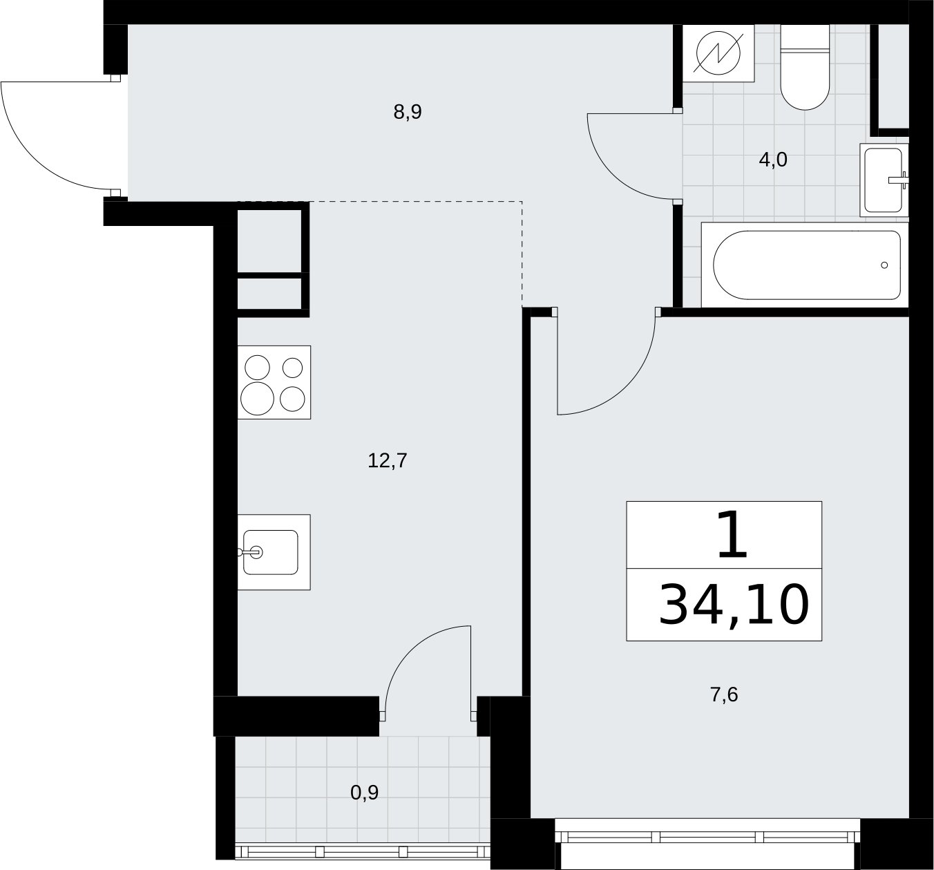 1-комнатная квартира с полной отделкой, 34.1 м2, 8 этаж, сдача 4 квартал 2026 г., ЖК Родные кварталы, корпус 1.2 - объявление 2317849 - фото №1