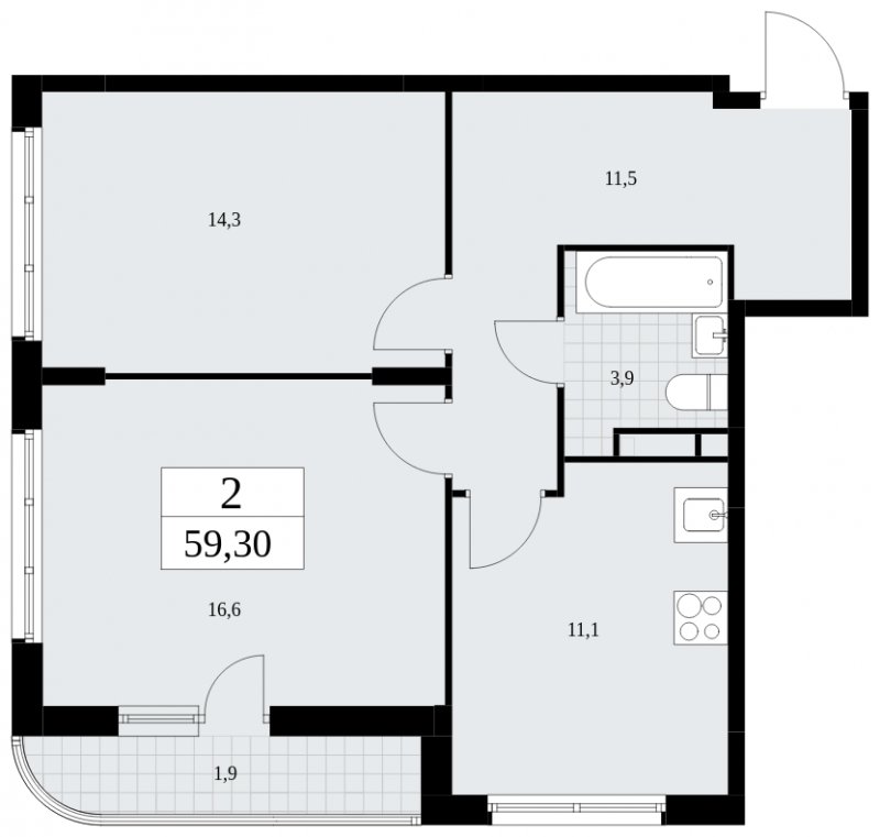 2-комнатная квартира с частичной отделкой, 59.3 м2, 5 этаж, сдача 4 квартал 2024 г., ЖК Скандинавия, корпус 36.1.1 - объявление 1801733 - фото №1