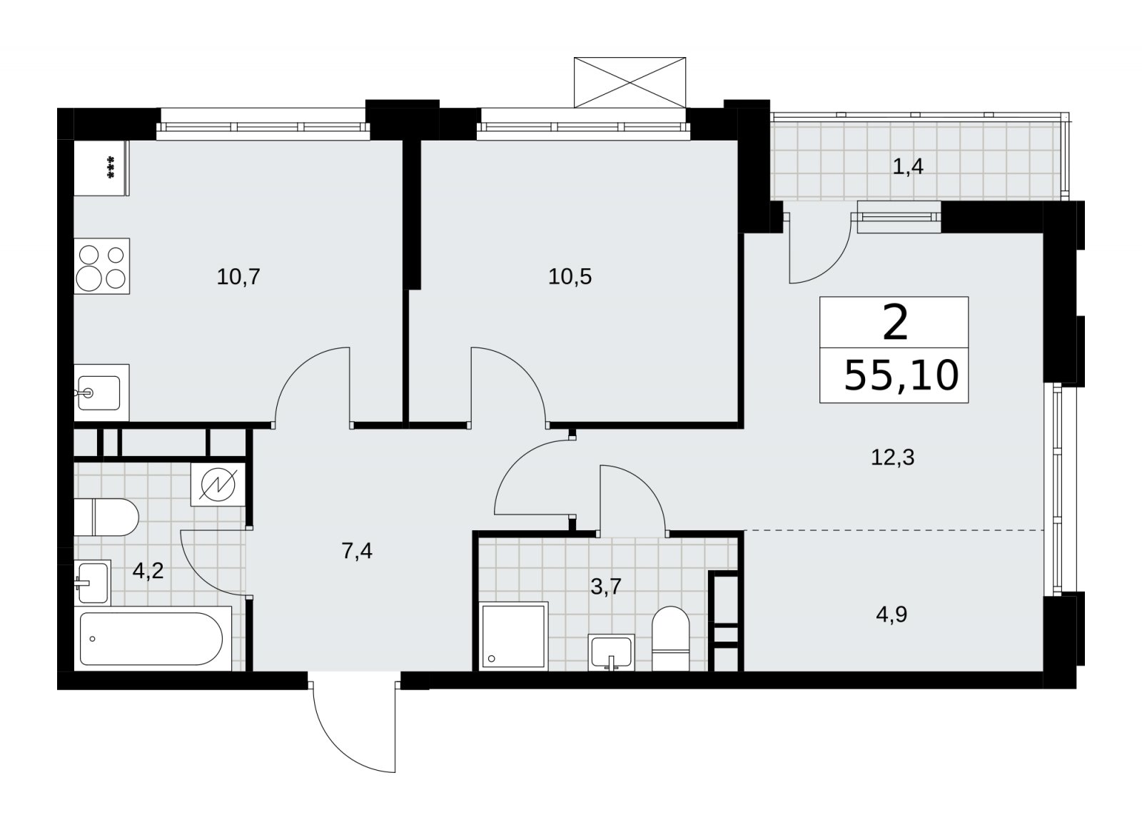 2-комнатная квартира без отделки, 55.1 м2, 13 этаж, сдача 3 квартал 2025 г., ЖК Скандинавия, корпус 28.1 - объявление 2201841 - фото №1