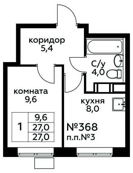 1-комнатная квартира с полной отделкой, 27 м2, 3 этаж, сдача 3 квартал 2024 г., ЖК Цветочные Поляны, корпус 6 - объявление 1745050 - фото №1