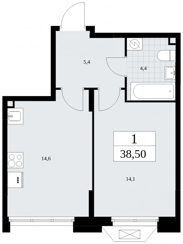 1-комнатная квартира без отделки, 38.5 м2, 2 этаж, сдача 4 квартал 2024 г., ЖК Бунинские кварталы, корпус 1.3 - объявление 1834705 - фото №1
