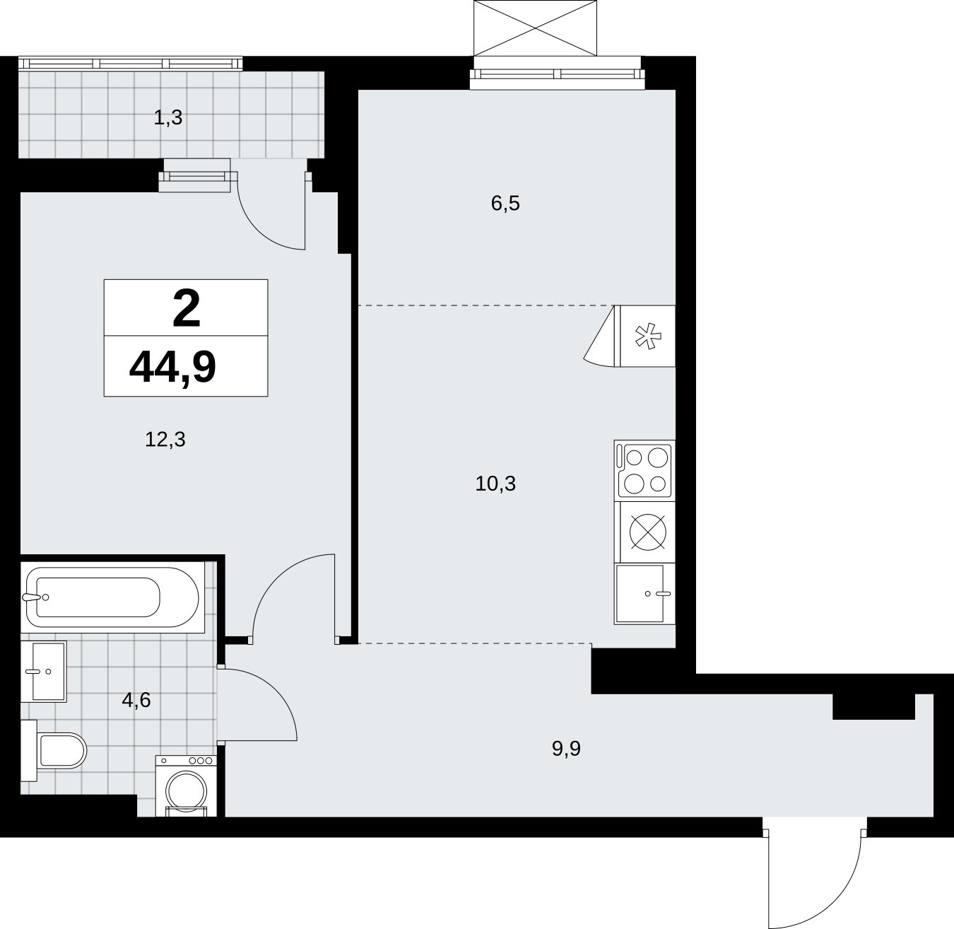 2-комнатная квартира (евро) без отделки, 44.9 м2, 5 этаж, сдача 2 квартал 2026 г., ЖК Дзен-кварталы, корпус 6.1.1 - объявление 2327148 - фото №1