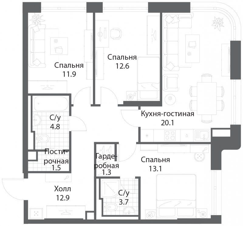3-комнатная квартира без отделки, 81.8 м2, 3 этаж, сдача 3 квартал 2025 г., ЖК Nagatino i-Land, корпус 2 (3 очередь) - объявление 1786063 - фото №1
