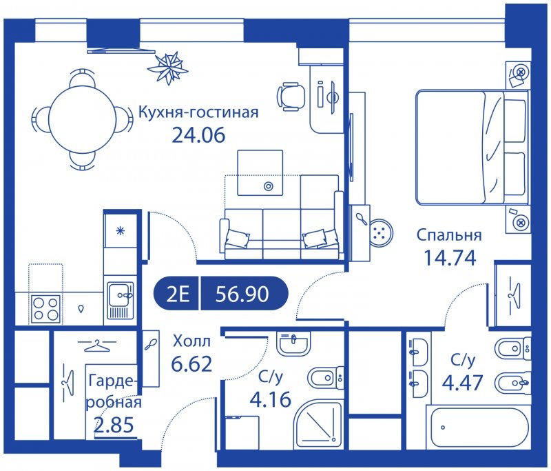 2-комнатная квартира (евро) без отделки, 56.9 м2, 32 этаж, сдача 4 квартал 2023 г., ЖК iLove, корпус 5 - объявление 1646258 - фото №1
