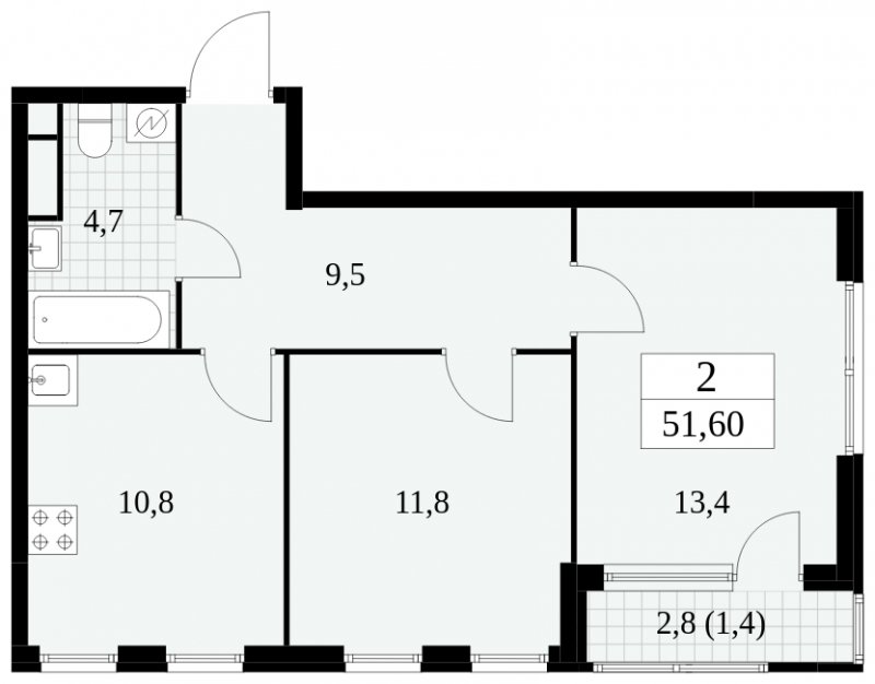 2-комнатная квартира без отделки, 51.6 м2, 14 этаж, сдача 2 квартал 2025 г., ЖК Южные сады, корпус 2.4 - объявление 1760338 - фото №1