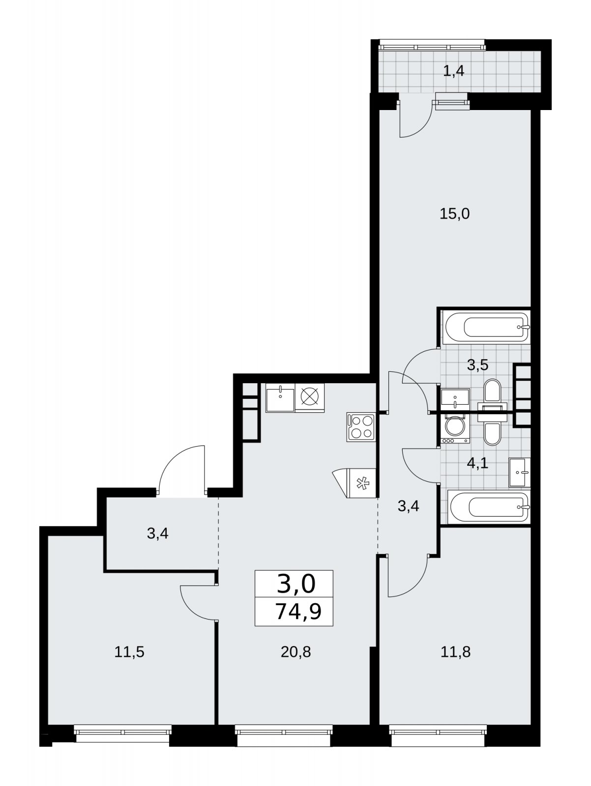 3-комнатная квартира с частичной отделкой, 74.9 м2, 8 этаж, сдача 2 квартал 2026 г., ЖК Дзен-кварталы, корпус 3.4 - объявление 2241876 - фото №1