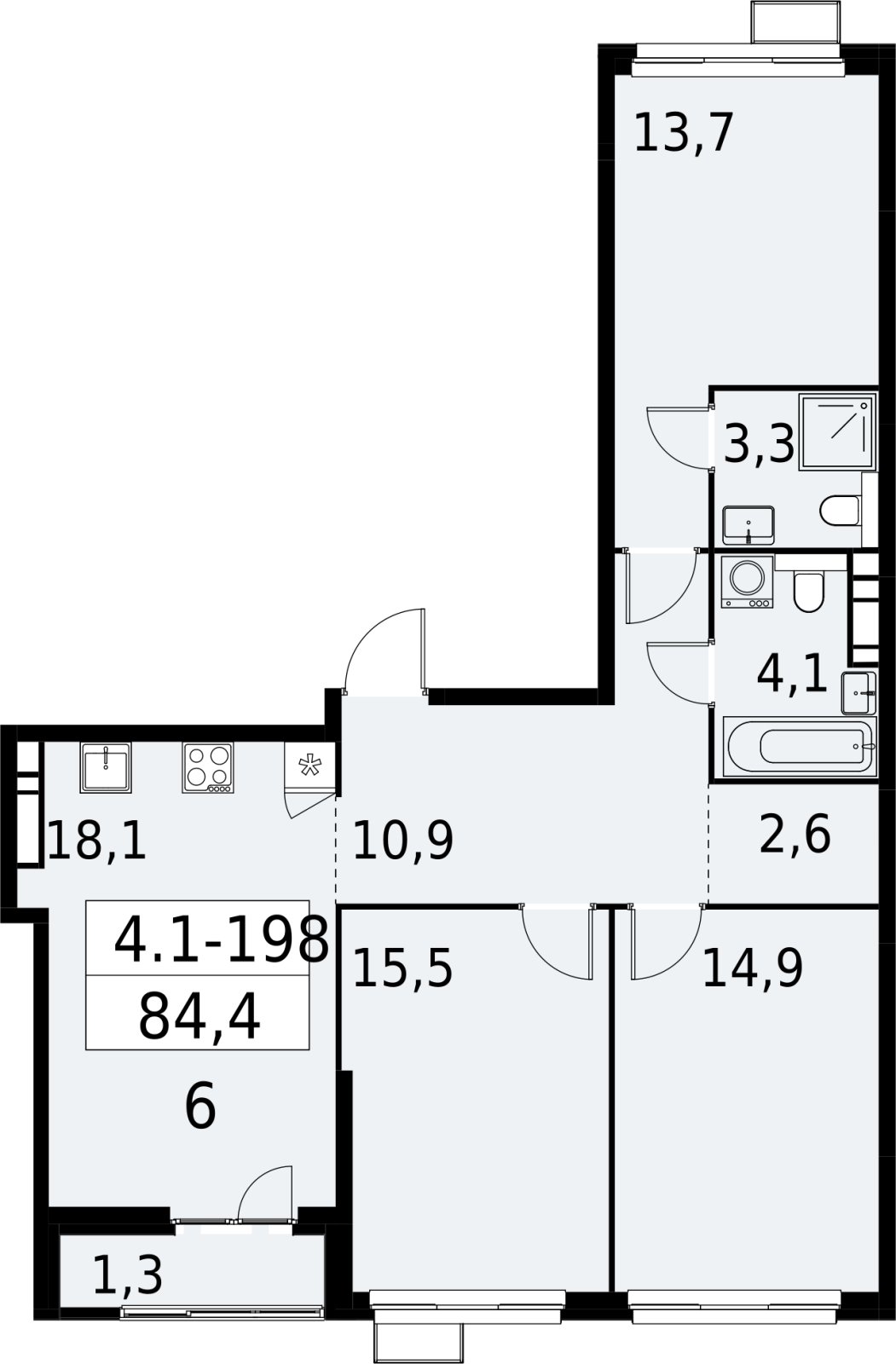 3-комнатная квартира с полной отделкой, 84.4 м2, 11 этаж, сдача 2 квартал 2027 г., ЖК Южные сады, корпус 4.1.2 - объявление 2392724 - фото №1