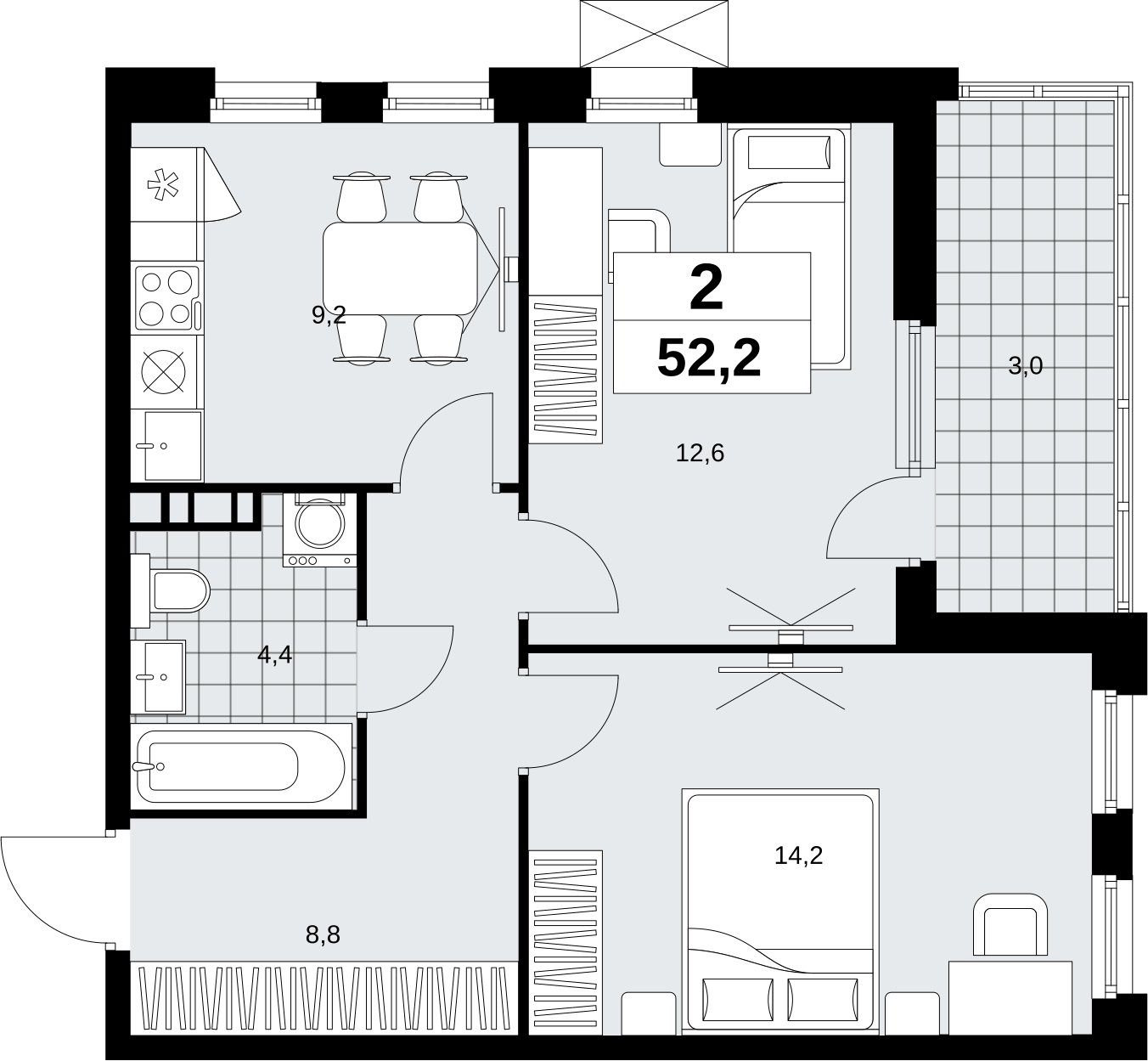 2-комнатная квартира без отделки, 52.2 м2, 7 этаж, сдача 4 квартал 2026 г., ЖК Скандинавия, корпус 2.18.2.6 - объявление 2351752 - фото №1
