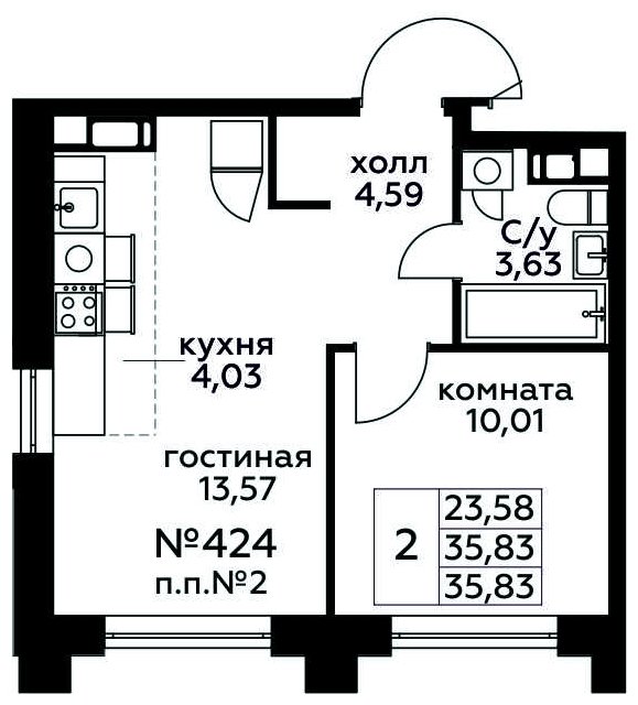 2-комнатная квартира (евро) с полной отделкой, 35.83 м2, 3 этаж, сдача 3 квартал 2024 г., ЖК МелисСад, корпус 1 - объявление 1821607 - фото №1