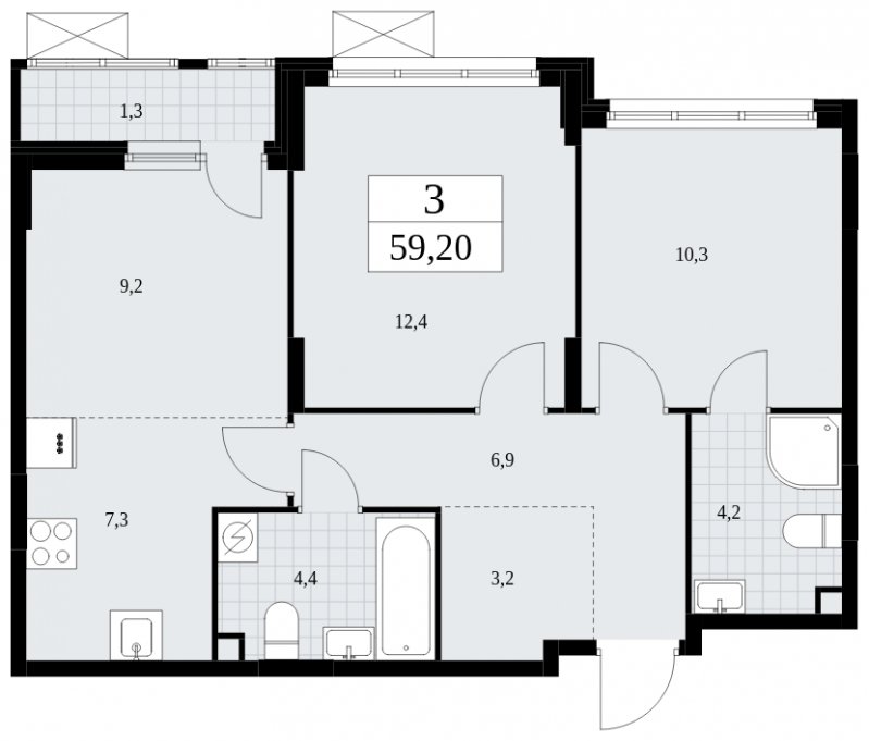 3-комнатная квартира (евро) без отделки, 59.2 м2, 2 этаж, сдача 4 квартал 2024 г., ЖК Скандинавия, корпус 35.2.2 - объявление 1841115 - фото №1