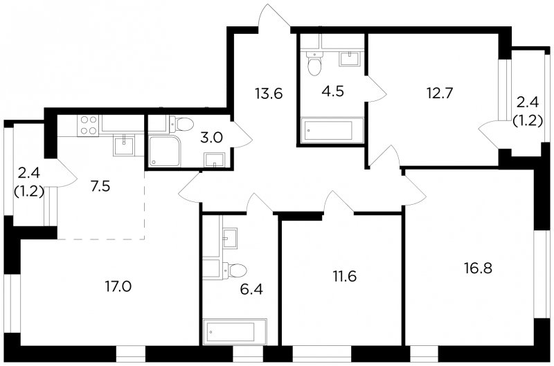 4-комнатная квартира (евро) без отделки, 95.45 м2, 11 этаж, дом сдан, ЖК Филатов Луг, корпус 3 - объявление 1936529 - фото №1