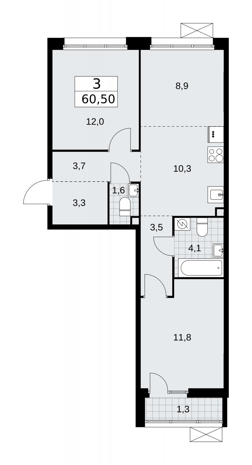 3-комнатная квартира (евро) с частичной отделкой, 60.5 м2, 2 этаж, сдача 4 квартал 2025 г., ЖК Бунинские кварталы, корпус 3.4 - объявление 2152033 - фото №1