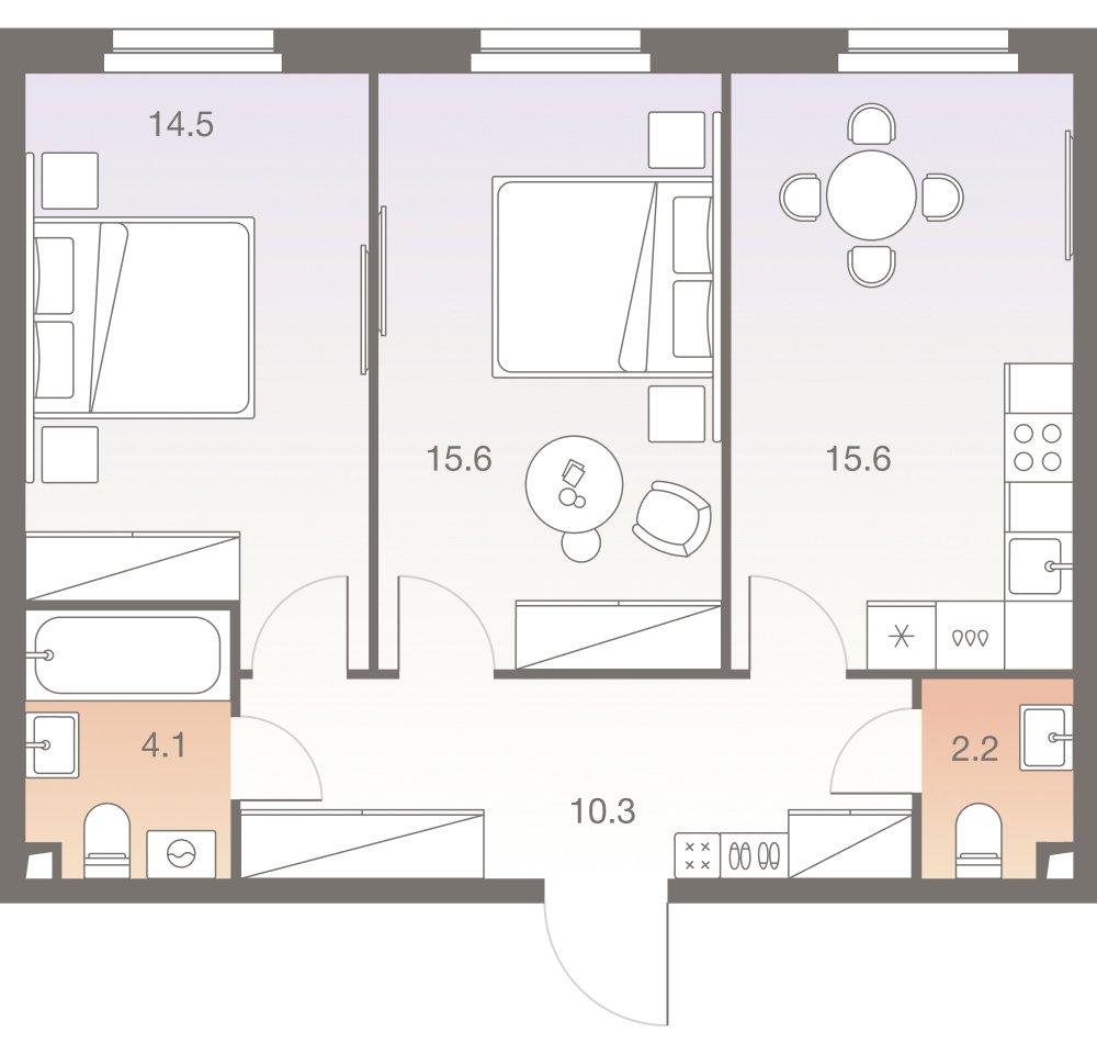 2-комнатная квартира без отделки, 62.3 м2, 15 этаж, сдача 1 квартал 2026 г., ЖК Twelve, корпус 1 - объявление 2333352 - фото №1