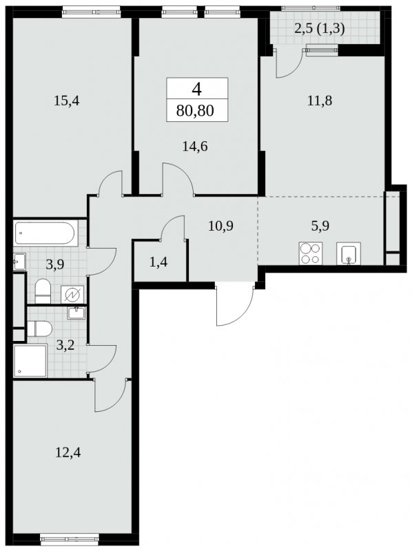 4-комнатная квартира (евро) без отделки, 80.8 м2, 3 этаж, сдача 2 квартал 2025 г., ЖК Южные сады, корпус 2.3 - объявление 1758043 - фото №1