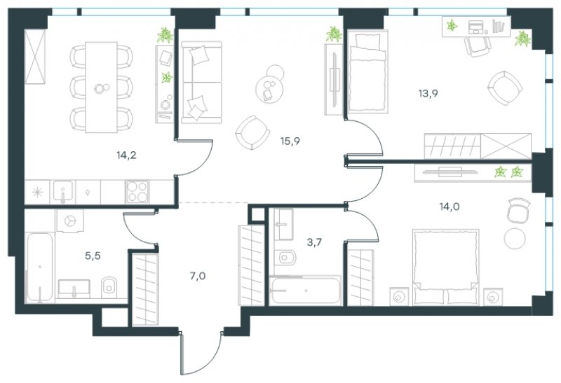 3-комнатная квартира с частичной отделкой, 74.2 м2, 25 этаж, сдача 4 квартал 2024 г., ЖК Level Мичуринский, корпус 5 - объявление 1635480 - фото №1