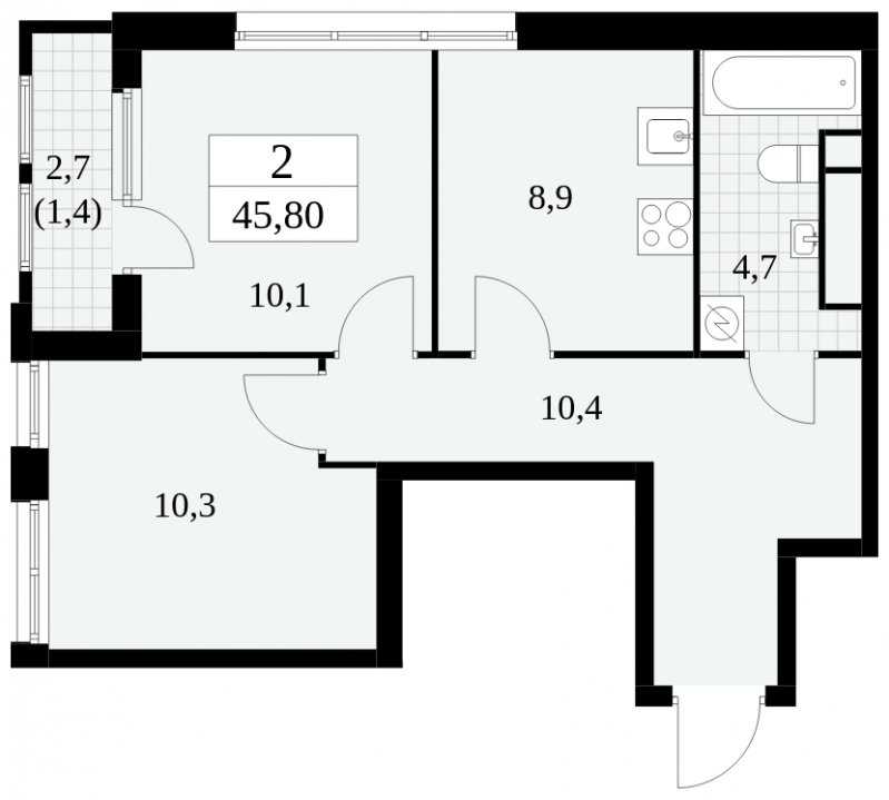 2-комнатная квартира с полной отделкой, 45.8 м2, 25 этаж, сдача 2 квартал 2025 г., ЖК Южные сады, корпус 2.1 - объявление 1760062 - фото №1