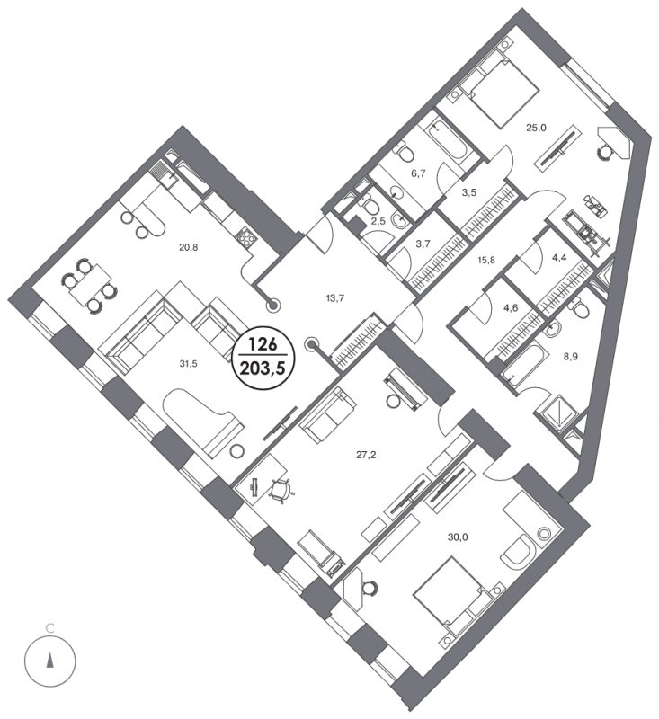 3-комнатные апартаменты без отделки, 203.5 м2, 4 этаж, дом сдан, ЖК Театральный дом, корпус 1 - объявление 1456866 - фото №1