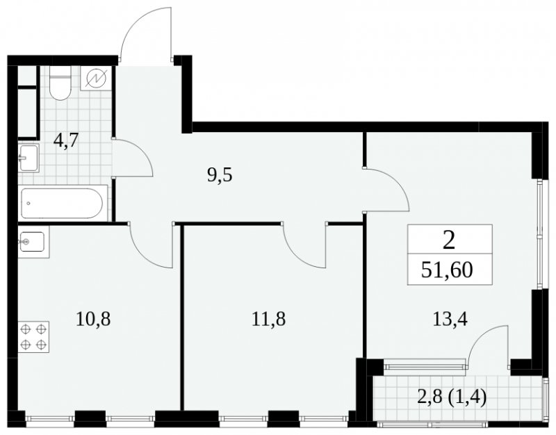 2-комнатная квартира без отделки, 51.6 м2, 13 этаж, сдача 2 квартал 2025 г., ЖК Южные сады, корпус 2.4 - объявление 1760332 - фото №1