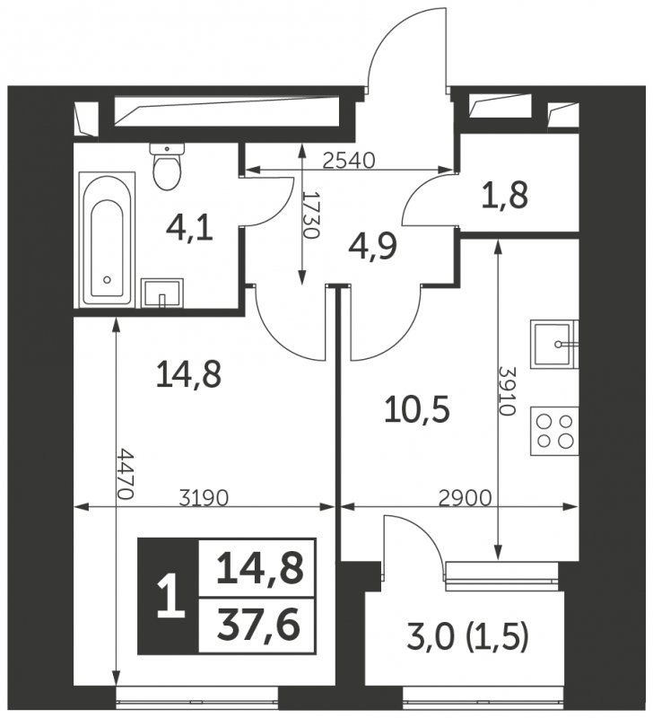 1-комнатная квартира с полной отделкой, 37.6 м2, 13 этаж, сдача 4 квартал 2023 г., ЖК Архитектор, корпус 2 - объявление 1694291 - фото №1