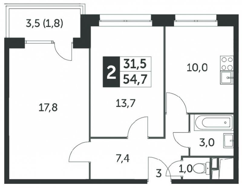 2-комнатная квартира без отделки, 54.6 м2, 13 этаж, сдача 4 квартал 2023 г., ЖК Датский квартал, корпус 2 - объявление 1568185 - фото №1